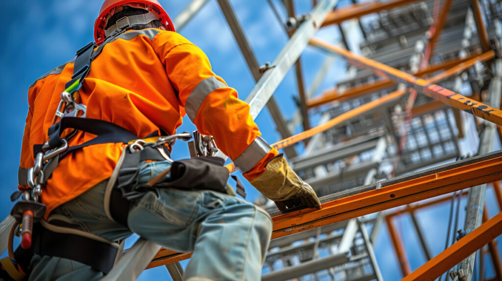 Contruction worker using safety equipment on a job site